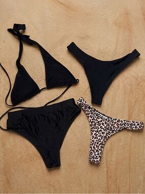 NWOT 4-Piece Bikini Bundle Black & Leopard High Waist Cut Cheeky Thong Halter